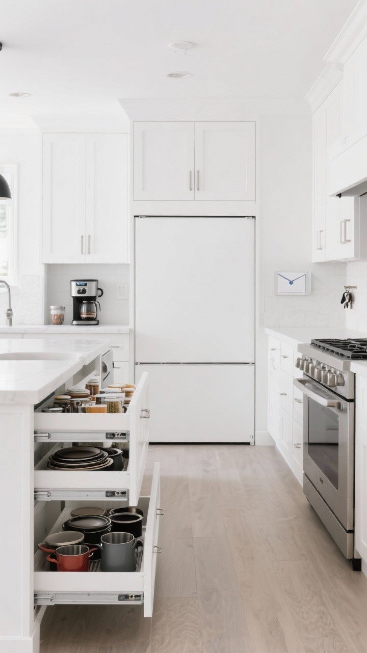 Wide shot of an ultra-tidy white kitchen highlighting hidden storage: closed appliance garage door near a coffee zone, deep drawers with discreet dividers (slightly open to reveal organized pots and lids), pull-out trash/recycling seamlessly integrated into cabinetry, and slim built-in spice pull-outs near the range; include a small dedicated drop zone niche for mail and keys off the main counter; bright, clutter-free, photorealistic, straight-on view.