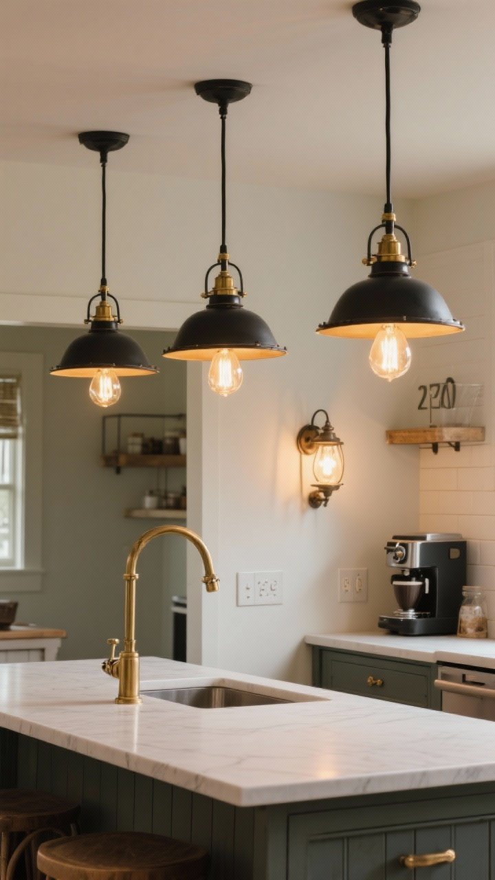 Wide shot of layered farmhouse lighting: two or three schoolhouse pendants over the island, a brass or zinc task light over the sink, and a vintage-inspired sconce near the coffee zone; bulbs set to 2700–3000K for a golden-hour warmth; mixed finishes—blackened iron pendants with brass accents; visible dimmers on the wall; overall ambience calm and inviting, with distinct pools of task and accent light.