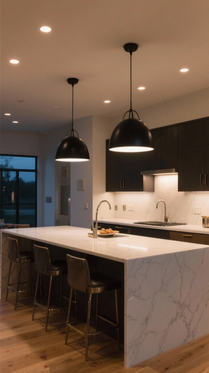 Wide shot of layered island lighting: two substantial matte black pendants hung 28–34 inches above a white quartz island, evenly spaced; warm 3000K recessed lights providing ambient fill, and a bright task beam over a chopping station; all lights on dimmers shown by a nearby wall dimmer panel; mixed metals kept cohesive, light oak floors, evening scene with moody yet functional illumination, straight-on framing