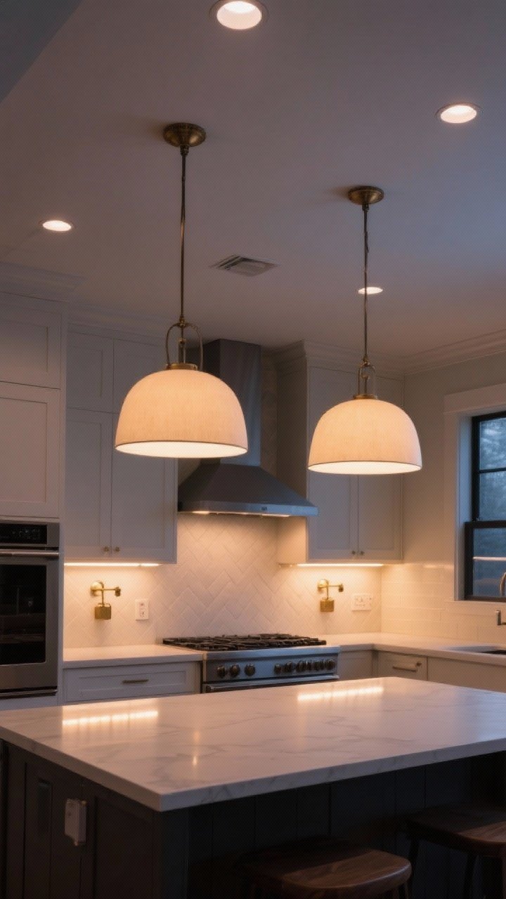 Wide shot of layered kitchen lighting at dusk: recessed ceiling cans for even coverage, two oversized pendants over the island, warm white under-cabinet LED strips (2700K–3000K) creating a soft glow on the backsplash, and a pair of small accent sconces flanking the range. Include dimmer-controlled ambiance, highlighting variation in brightness levels and a cozy, welcoming mood.