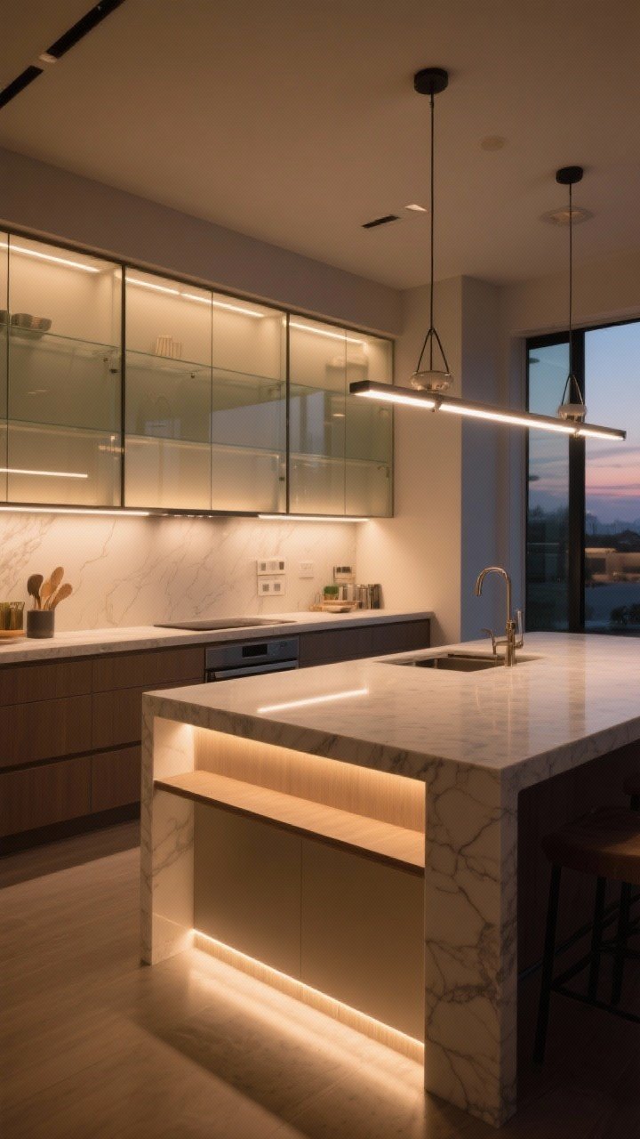 Wide shot of layered kitchen lighting at dusk: warm 2700–3000K LED under-cabinet strips casting even task light on a quartz countertop, subtle toe-kick lighting creating a floating base effect, and soft glow inside a glass-front upper; pendants visible but secondary; straight-on composition with emphasis on shadow-free prep zones and low-voltage wiring channels concealed by a light rail.