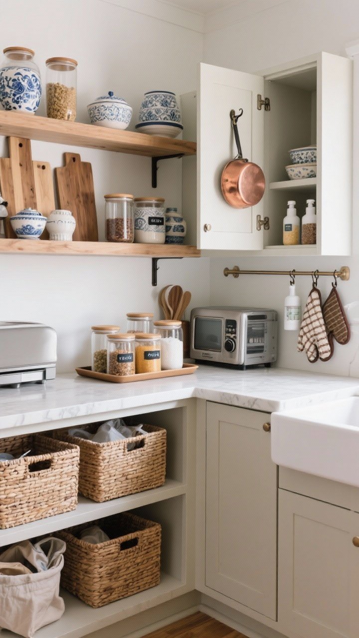 Wide shot of open shelving and counter strategy: beautiful ceramics, glass canisters with decanted pantry staples and tidy labels, wood boards, and a copper pot displayed; less-pretty items hidden in matching woven baskets on lower open shelves. On the counter, everyday appliances grouped on a single tray for a unified look. Inside an open cabinet door, adhesive hooks hold oven mitts; under-sink door ajar reveals a tension rod with hanging spray bottles. Clean, organized, photorealistic.