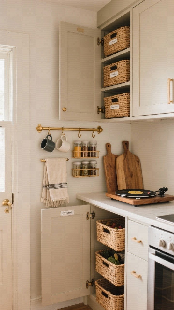Wide shot of smart, cozy storage solutions integrated into a small kitchen: a brass rail with hooks displaying favorite mugs and a linen towel, cabinet doors open to reveal bamboo/rattan bins and tiered spice organizers, a slim rack mounted on the inside of a door holding spices and cutting boards, plus a turntable in a corner cabinet. Labels are simple and neutral; warm materials counter clinical vibes; even, warm lighting.