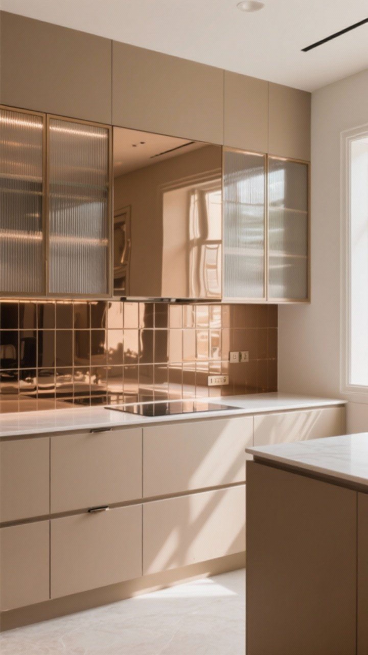 Wide shot: Optical space-expanding tricks—mirrored or smoky bronze glossy tile backsplash reflecting light and doubling depth; a few upper cabinets with reeded glass doors to feel lighter; color continuity with walls, trim, and cabinets in similar warm neutral shades to blur edges; slim-profile countertops and thin hardware lines; tight, reflective palette under bright natural light; photorealistic.