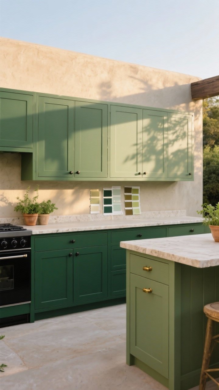 Wide shot, outdoor kitchen vignette focused on color choices: sage green flat-panel base cabinets with light stone countertops under soft morning light, deep forest green lower cabinets with matte black hardware on one side, and a muted olive island accented with unlacquered brass pulls on the other; sample swatches taped to cabinet fronts viewed at sunrise with long shadows; natural stucco wall backdrop, potted herbs, no people; photorealistic, straight-on view emphasizing the three green hues and hardware contrast.
