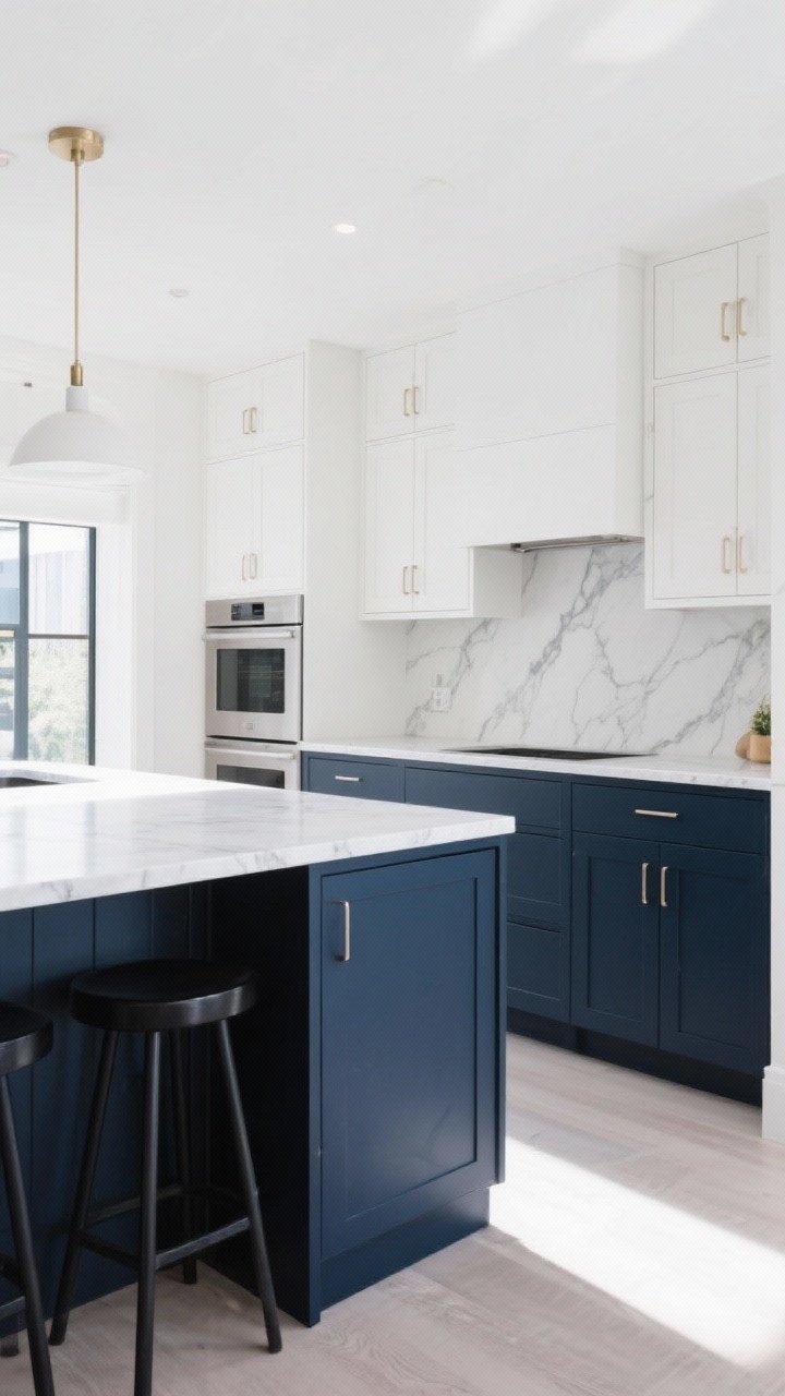 Wide shot: Purposeful contrast—dark navy lower cabinets, light white uppers, and a bright white quartz countertop; repeat tones with a light backsplash and dark stools; include a statement island in a deep tone, with perimeter cabinets light, and quartz veining that carries both dark and light shades; corner angle view for depth, bright yet soft daylight.