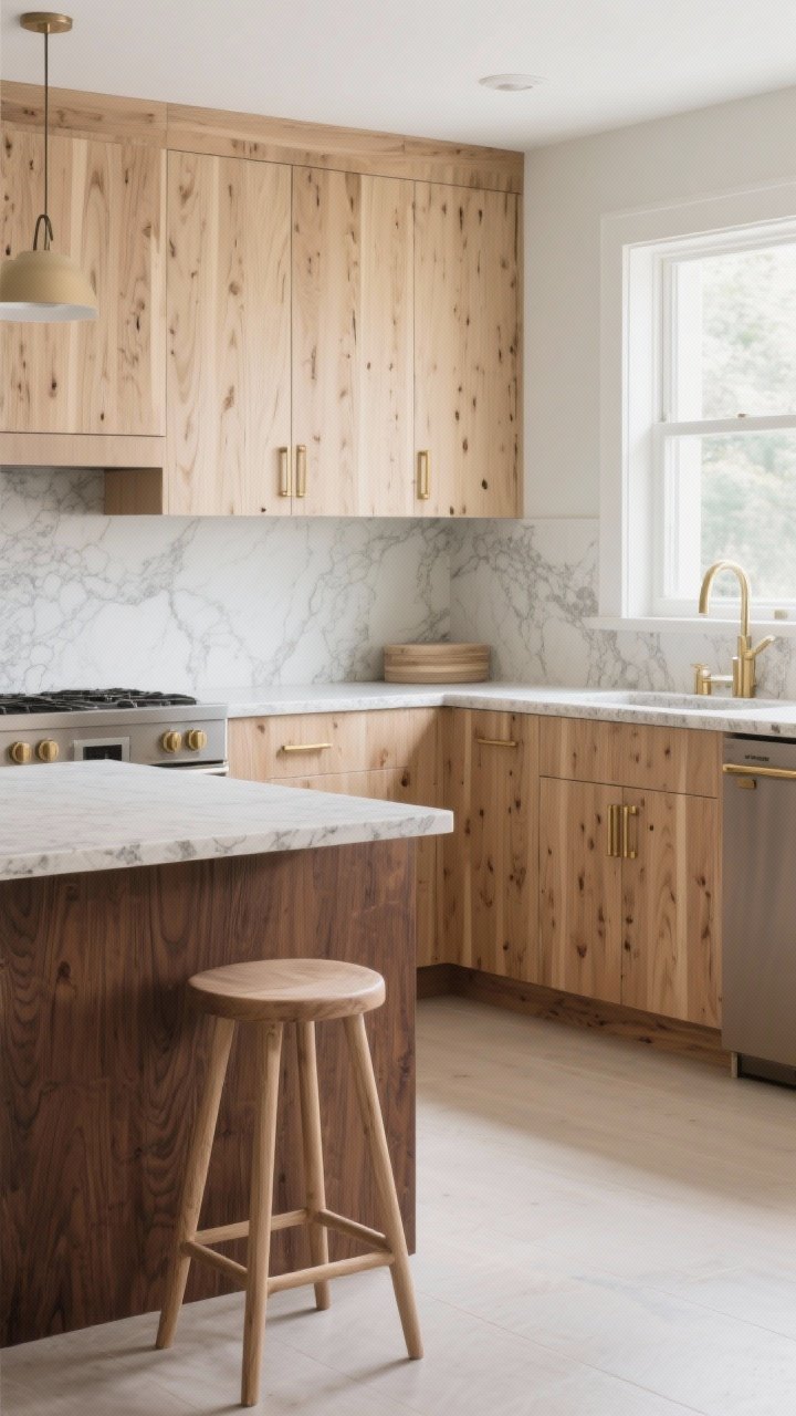 Wide shot: Real wood, real grain kitchen featuring rift-sawn white oak perimeter cabinets with straight grain lines and a mid-tone walnut island; visible grain and character celebrated; matte protective hardwax oil finish for low sheen; brass accents on pulls; ash wood stool at the counter; natural daylight from side windows highlighting grain; stone countertop with subtle veining; calm Scandinavian-modern vibe