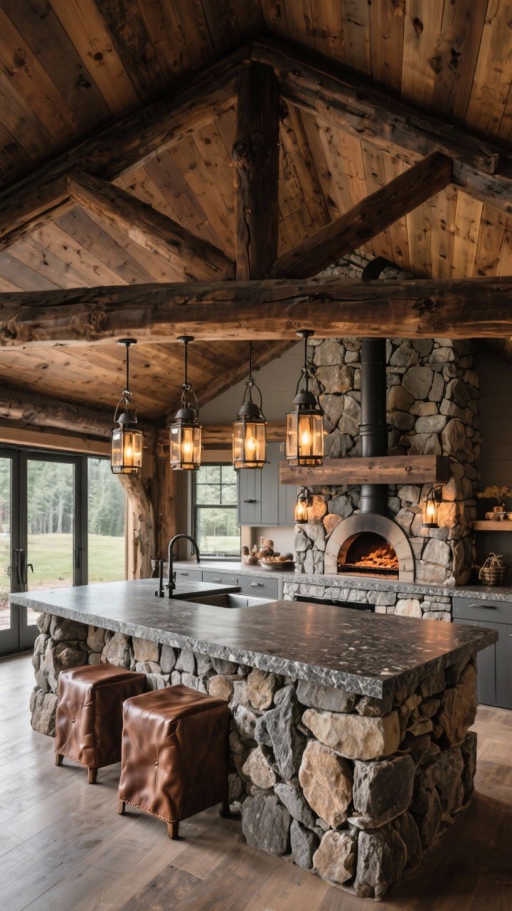 Wide shot — Rustic-modern gable roof shelter with exposed heavy timber beams and stacked stone accents, high ceiling with tongue-and-groove boards stained to match beams. Island wrapped in dry-stack stone, leathered granite countertop with subtle grip texture, industrial pendants and lantern-style sconces casting warm pools of light. A pizza oven and smoker anchored against a stone wall, mood: lodge-like, dramatic, weather-strong.