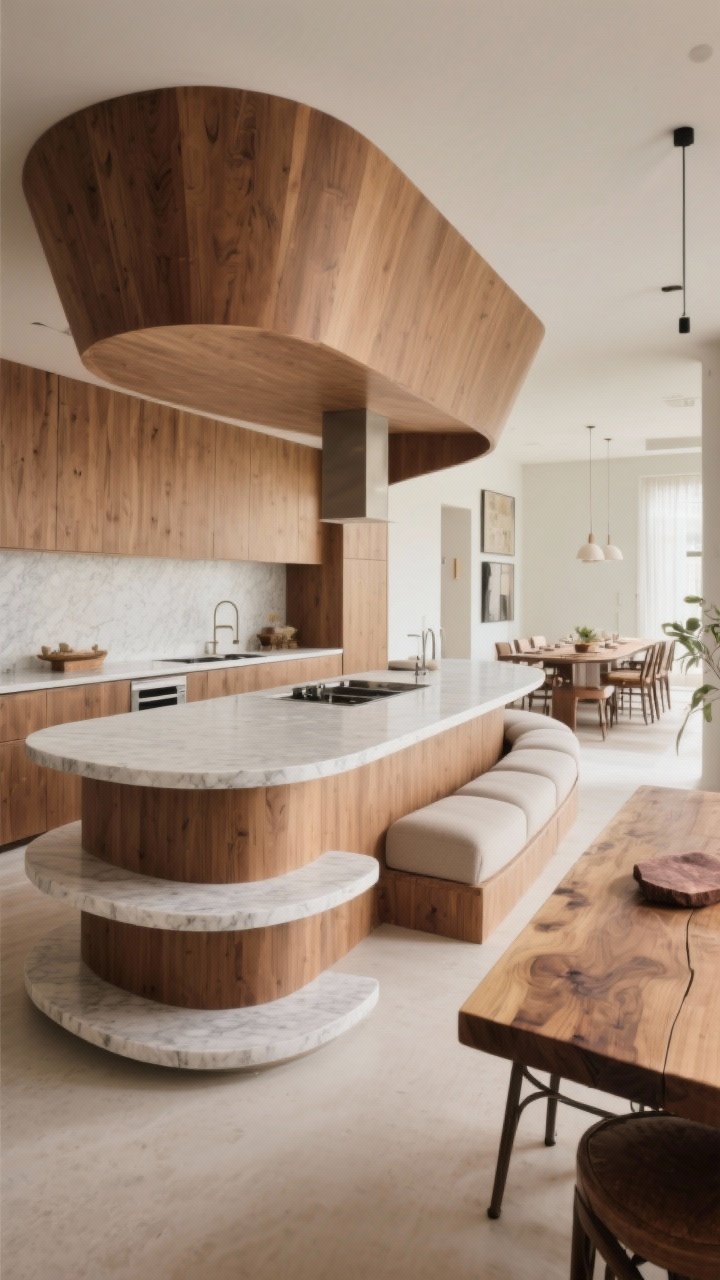 Wide shot: Sculptural island with a curved seating side for conversation, rounded corners to soften edges, and an angled end guiding flow toward an adjacent dining area. A subtle tiered design separates a lower prep surface from a higher serving/guest ledge. At one end, a built-in butcher block table creates bistro vibes in a long room. Warm wood, smooth quartz, gentle daylight; photographed from a corner to emphasize curves and shape shifts.