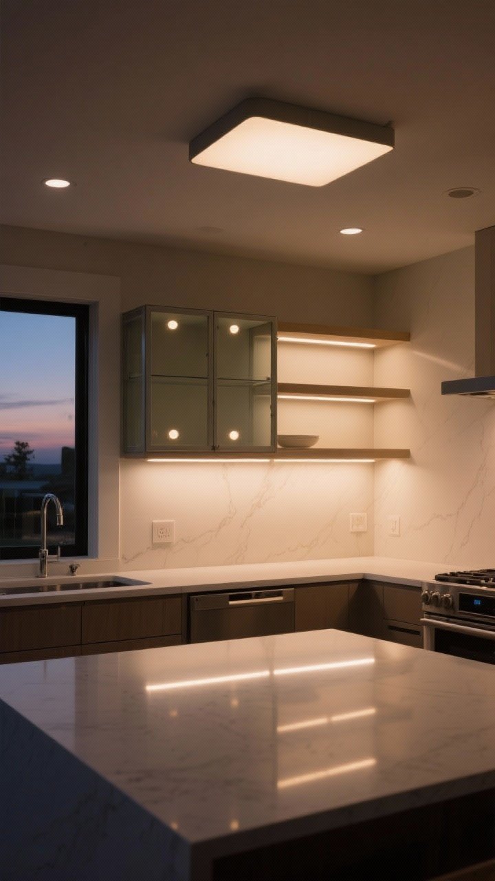 Wide shot showcasing layered kitchen lighting at dusk: warm-to-neutral bulbs around 2700–3000K, under-cabinet LED strips creating even task light and depth with reduced counter shadows, a dimmable ceiling fixture casting a soft ambient glow, subtle accent puck lights inside a glass-front cabinet and above open shelves; light, low-contrast surfaces reflecting the illumination; straight-on viewpoint that clearly shows ambient, task, and accent layers working together.
