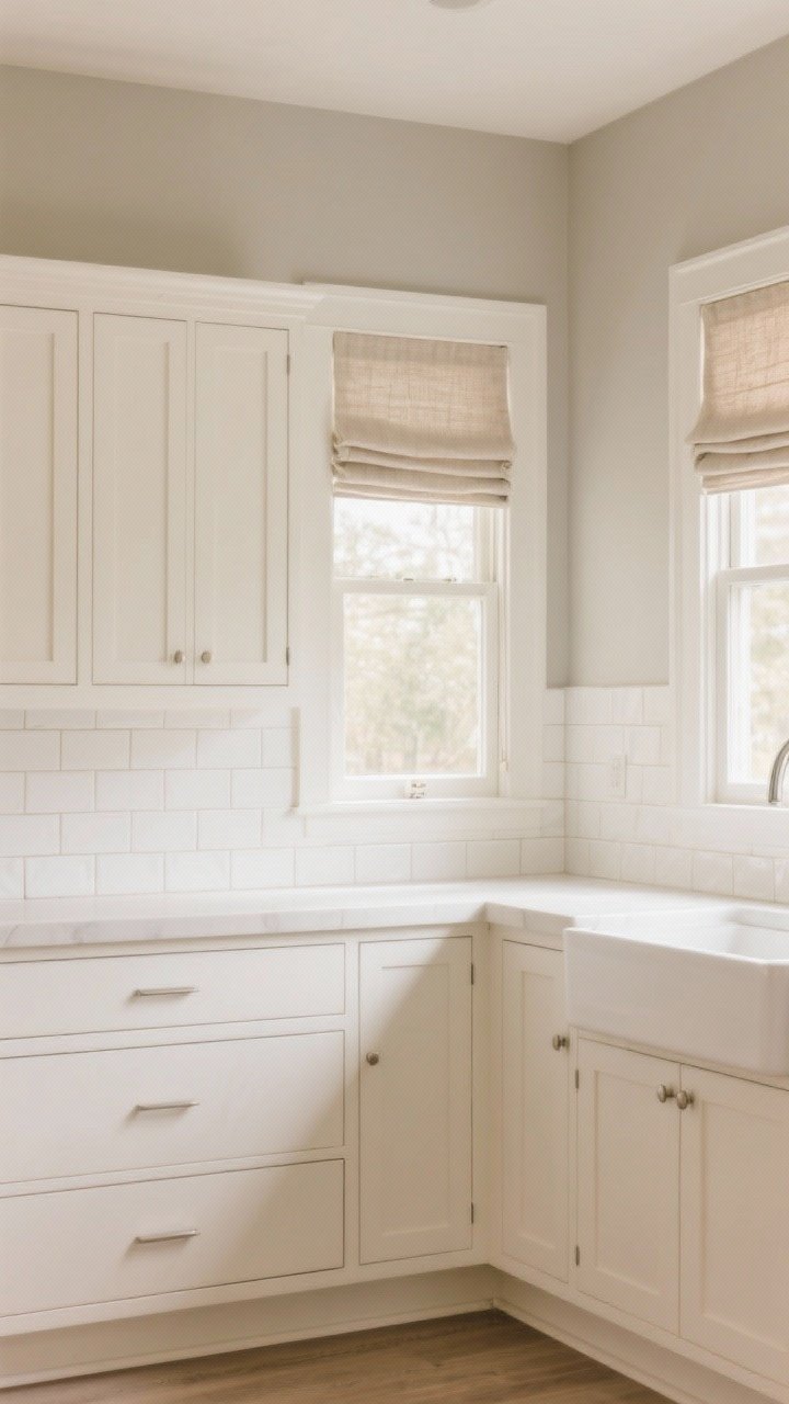 Wide shot showcasing soft contrast with greige and cream: white cabinetry paired with greige painted walls for depth, creamy off-white tile grout between white backsplash tiles, and oatmeal linen Roman shades filtering warm daylight; undertones harmonized (either all warm or all cool); airy, calm atmosphere, photorealistic, straight-on view.