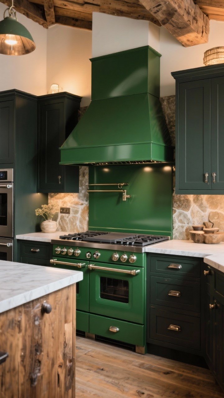 Wide shot: Statement kitchen with a deep green satin-finish range and matching powder-coated hood as the focal point; lighter counters nearby to anchor the dark appliance; cabinet-matched appliance panels on surrounding pieces; coordinated hardware on drawers and appliance handles for harmony; rustic textures in wood and stone, warm ambient lighting.