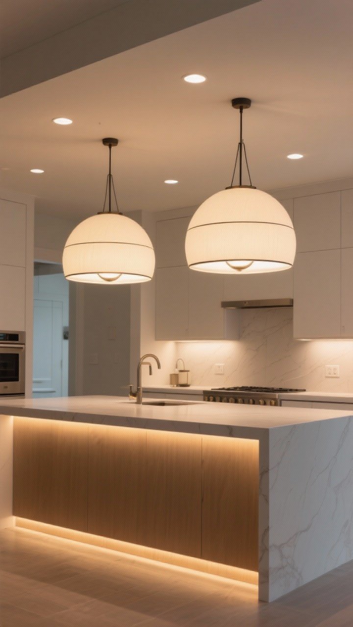 Wide shot: Statement lighting as the hero—two oversized dome pendants hung 30 inches above a kitchen island, layered with recessed ambient lighting and warm under-cabinet task strips. Subtle toe-kick LED accent glow. Bulbs at 2700–3000K create a warm, inviting ambience; all fixtures on dimmers. Minimalist modern kitchen palette, emphasizing the lighting hierarchy.