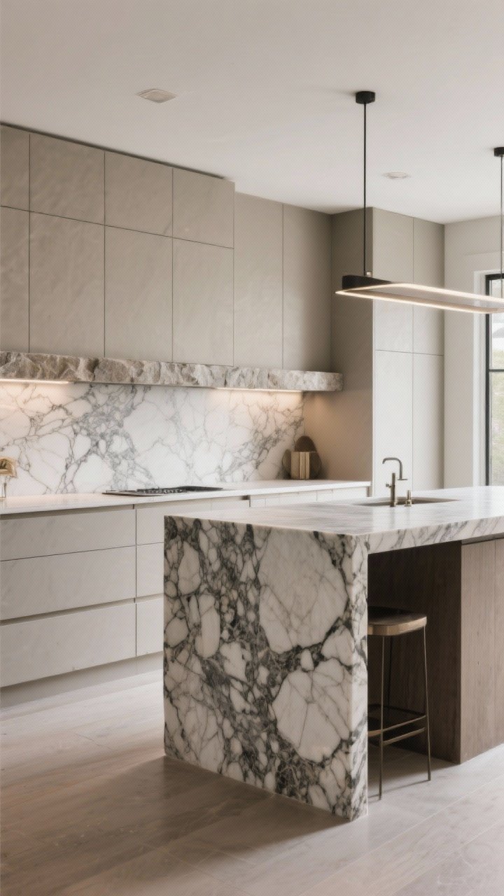 Wide shot: Stone-lined drama with restraint—waterfall stone on one side of the island only, continuing the same veiny marble up the full-height backsplash; a thin stone ledge (shelf) above the backsplash ties materials; quiet, flat-front neutral cabinets let one hero stone be the star; honed finish for low glare; balanced task and ambient lighting; luxurious yet calm, photographed from a corner angle