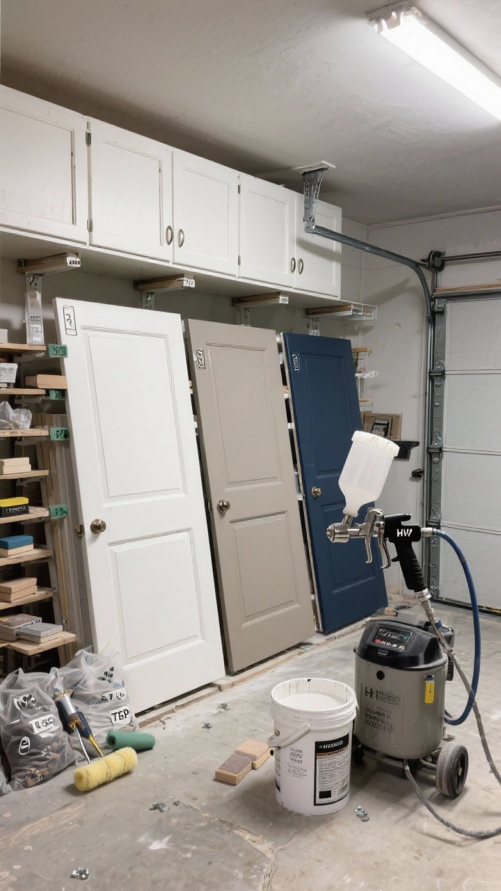 Wide shot, straight-on: a cabinet painting setup in a garage/workspace—doors labeled and laid out on racks, a HVLP sprayer mid-use, bonding primer and foam rollers nearby. Show degreasing tools (TSP substitute), sanding blocks, and bagged hardware. Finished sample doors in soft white, greige/mushroom, and deep navy displayed side-by-side, all with smooth satin to semi-gloss, factory-like finish with no brush marks.