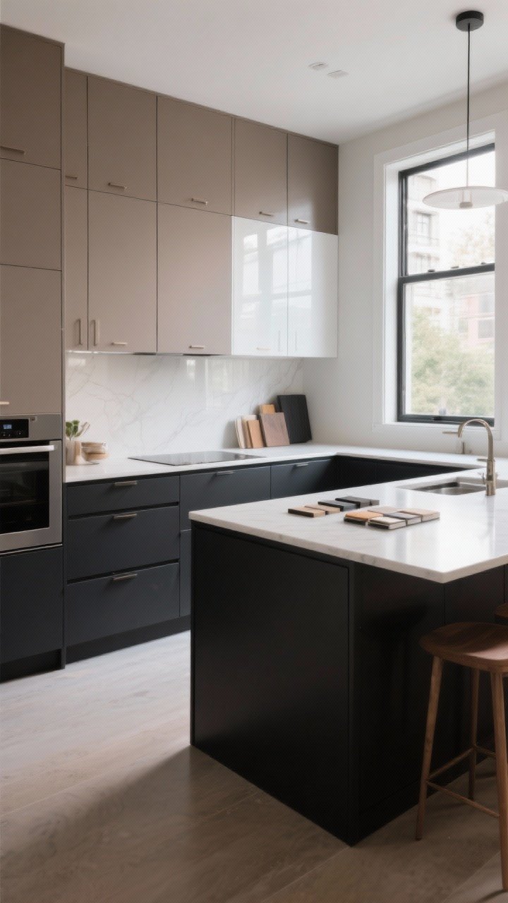Wide shot, straight-on: A decision-playbook kitchen demonstrating three zones. Zone 1 (Pick Matte): matte deep charcoal lowers and matte mushroom taupe uppers near large windows, no glare, texture-forward materials, camouflaged fingerprints near handles. Zone 2 (Pick Gloss): a smaller, darker alcove with glossy white slab cabinets creating a bright, airy feel. Zone 3 (Mix): glossy uppers with matte lowers and a glossy saturated-tone island as a focal point. Include physical samples on the counter near a window to suggest testing finishes at different times of day.