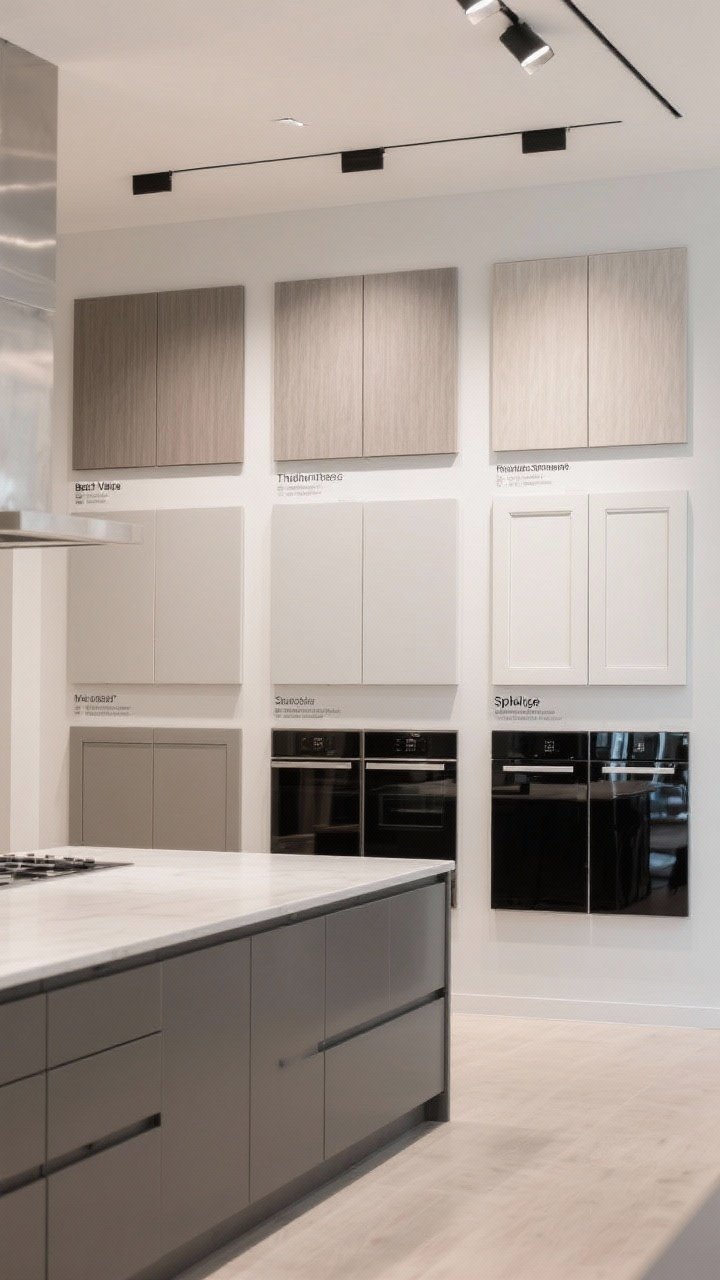 Wide shot, straight-on: Budget-to-splurge display wall with three cabinet door rows and a kitchen island feature. Top row (best value): matte laminate and thermofoil doors in subtle texture. Middle row (mid spend): painted matte and semi-gloss with 2K urethane topcoat. Bottom row (splurge): high-gloss acrylic, piano lacquer, and nano-tech super-matte labeled as micro-scratch resistant. In the room, only the island is glossy for a feature, perimeter cabinets matte; clear, even showroom lighting.