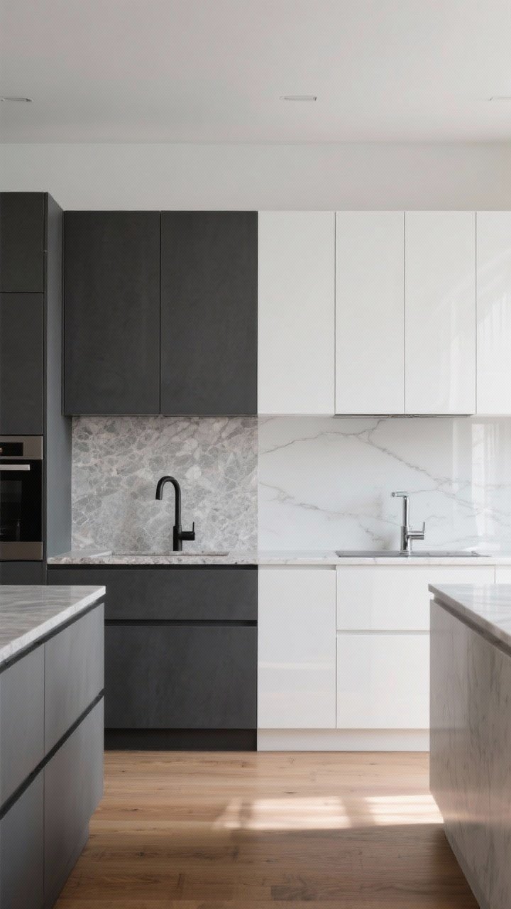Wide shot, straight-on view: A modern kitchen split-screen style showing two identical layouts side by side—left with matte charcoal slab cabinets (soft, velvety finish, no glare) and right with high-gloss white slab cabinets (sleek, reflective). Include minimal styling: a matte black faucet and honed stone counter on the matte side, polished chrome faucet and polished quartz counter on the gloss side. Neutral walls, warm wood floor, no people, natural daylight, capturing the mood difference: calm, grounded matte vs polished, high-end gloss.