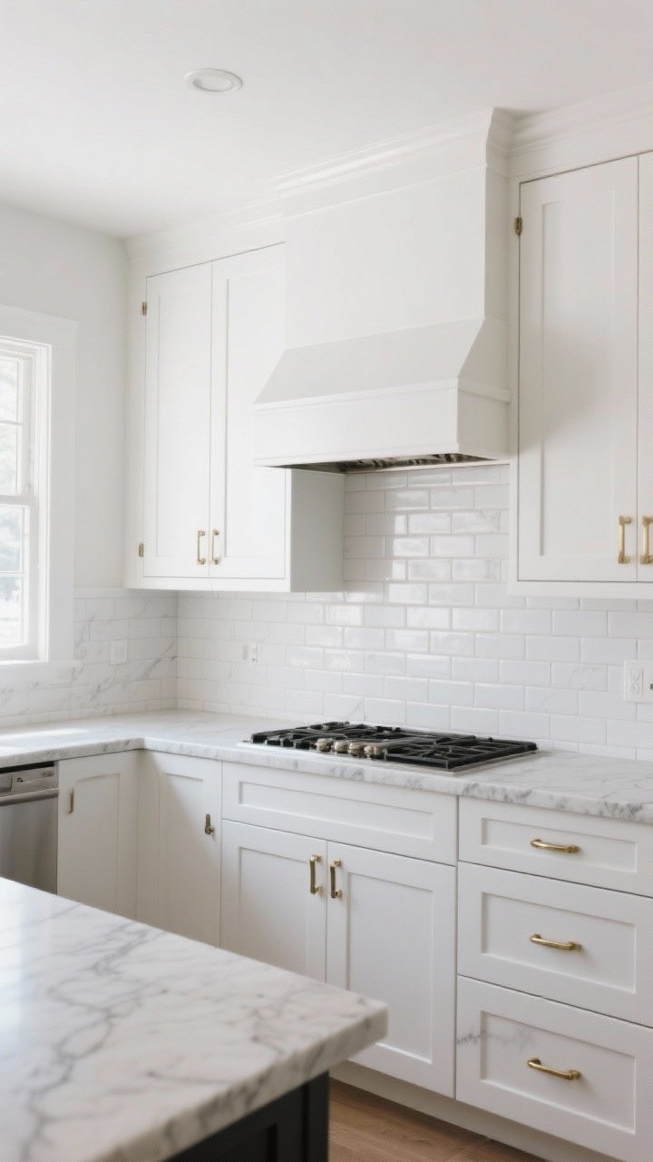 Wide shot, straight-on view: A modern white kitchen with classic Shaker doors in crisp white, brushed brass hardware, a stacked-layout white subway tile backsplash, and honed marble-look quartz countertops. Include a large white range hood, simple lines, and a clean, grounded vibe. Natural daylight washes in from the left, highlighting the cabinet profiles and subtle veining on the counters. No people, photorealistic.
