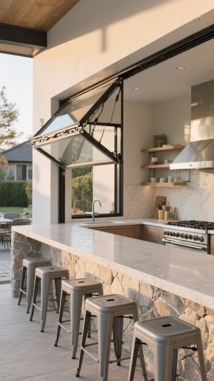 Wide shot, straight-on view of a modern kitchen with a large gas-strut pass-through window swung up to create an outdoor serving bar; indoor and outdoor counters aligned at 36 inches for a seamless surface; outdoor bar with wipeable, weatherproof stools; matching stone/sintered countertop outside complementing the indoor surface; casual, chic vibe with clear sightlines from indoor cooktop to outdoor counter; soft late-afternoon natural light, no people, photorealistic, focus on the open aperture connecting conversations.
