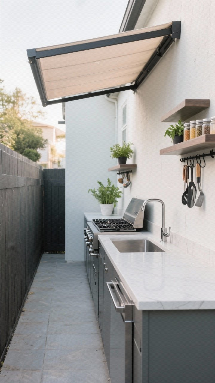 Wide shot, straight-on view of a slim single-wall outdoor kitchen along a narrow side yard wall: 24-inch-deep counters in powder-coated aluminum with light porcelain slab tops, compact stainless sink, combo grill (gas + charcoal) centered with at least 18 inches landing space each side, upper floating shelves and a black rail system with hanging tools and spice jars, protected by a simple pergola/awning casting soft shade; include a few potted herbs on the shelf, clean modern mood, no people.