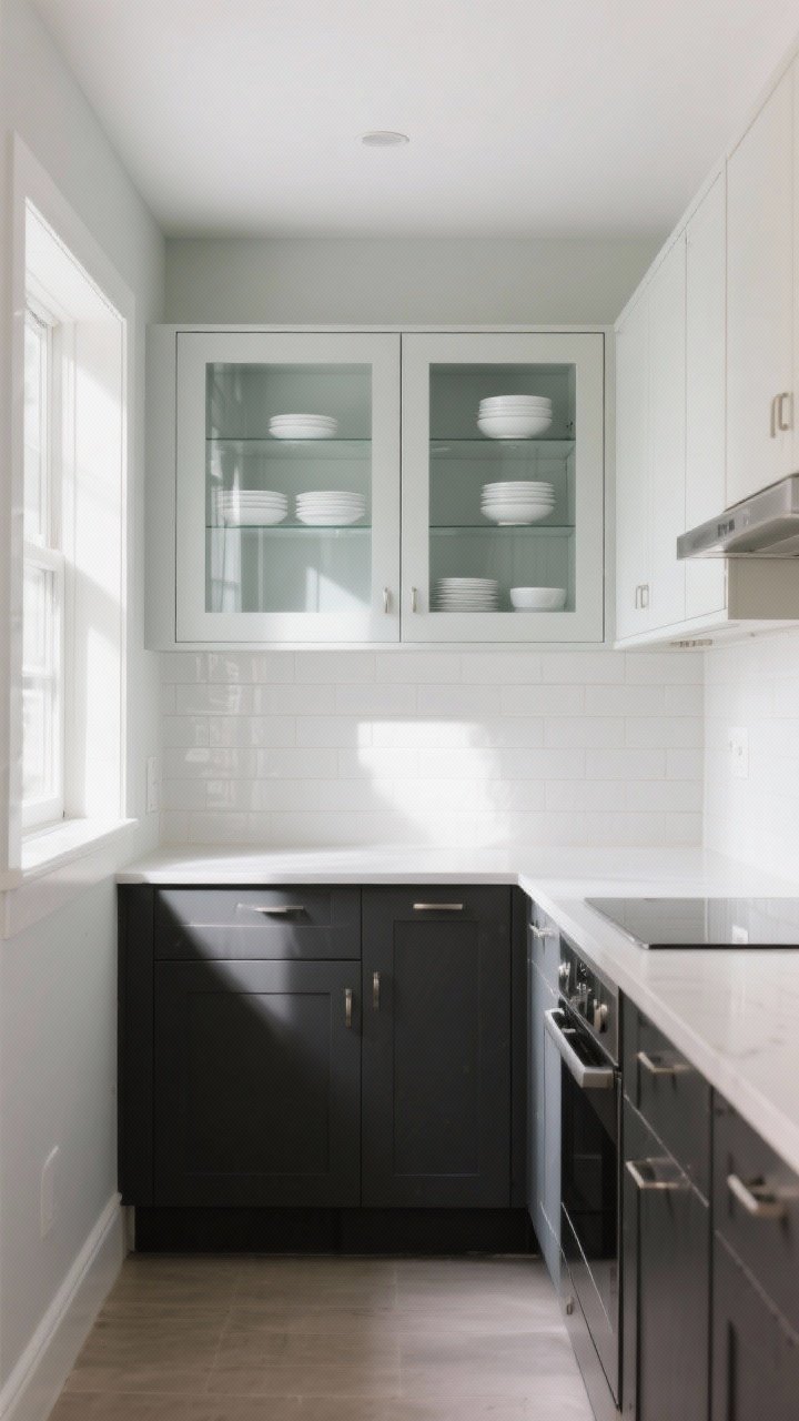 Wide shot, straight-on view of a small kitchen with charcoal or espresso lower cabinets and white or soft greige upper cabinets, glass-front uppers displaying simple white dishes, a light backsplash run to the ceiling, and walls color-matched to the uppers for a seamless airy wraparound; bright natural daylight, reflective but not glossy finishes, no people, photorealistic.