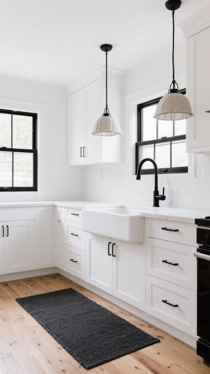 Wide shot, straight-on view of a white kitchen with bold black accents: bright white walls, white cabinetry, and a striking matte black bridge faucet over a white farmhouse sink; matte black linear pulls on drawers, black metal pendants with linen shades over the island, and black-framed windows; a charcoal runner grounds the light oak floor; balanced contrast under even daylight with slight vignette for drama; no people, photoreal clarity.