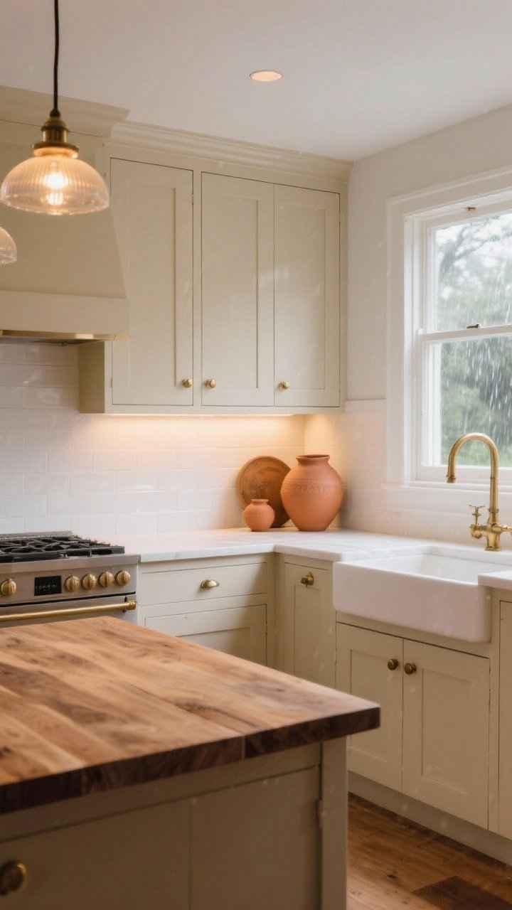 Wide shot: Sunlit kitchen with warm cream cabinets (BM Swiss Coffee or F&B White Tie) in satin, white walls and a glossy white backsplash for balance, butcher block island top, touches of terracotta pottery, and unlacquered brass hardware; warm LED bulbs (2700–3000K) glowing softly, creating a welcoming, rainy-day-friendly ambiance.