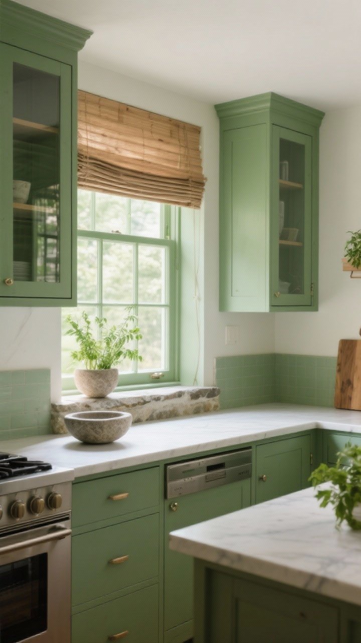 Wide shot toward a bright window wall: green kitchen with abundant natural light, a wood Roman shade softening the lines, a glass-front cabinet replacing one solid door near the window, and a stone windowsill hosting an herb plant and a single stone bowl; counters mostly clear except for one plant plus one stone bowl; airy, organic atmosphere.