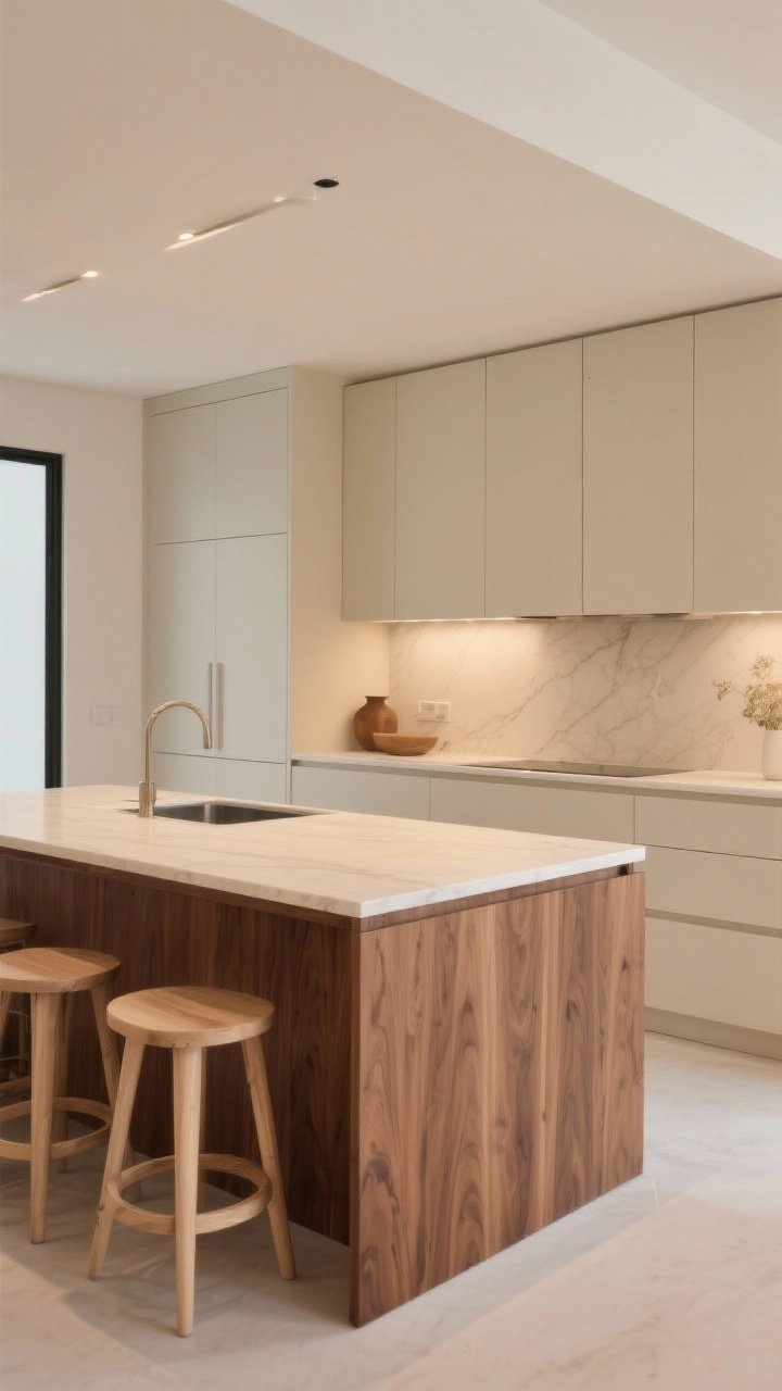 Wide shot: Two-tone minimalist island with a creamy quartz top and a walnut base (modern classic combo), sleek handle-free faces so the tone contrast does the work; balanced with neutral cabinetry and minimal decor, soft warm lighting, pale oak stools pulled nearby but not competing, overall depth without clutter.