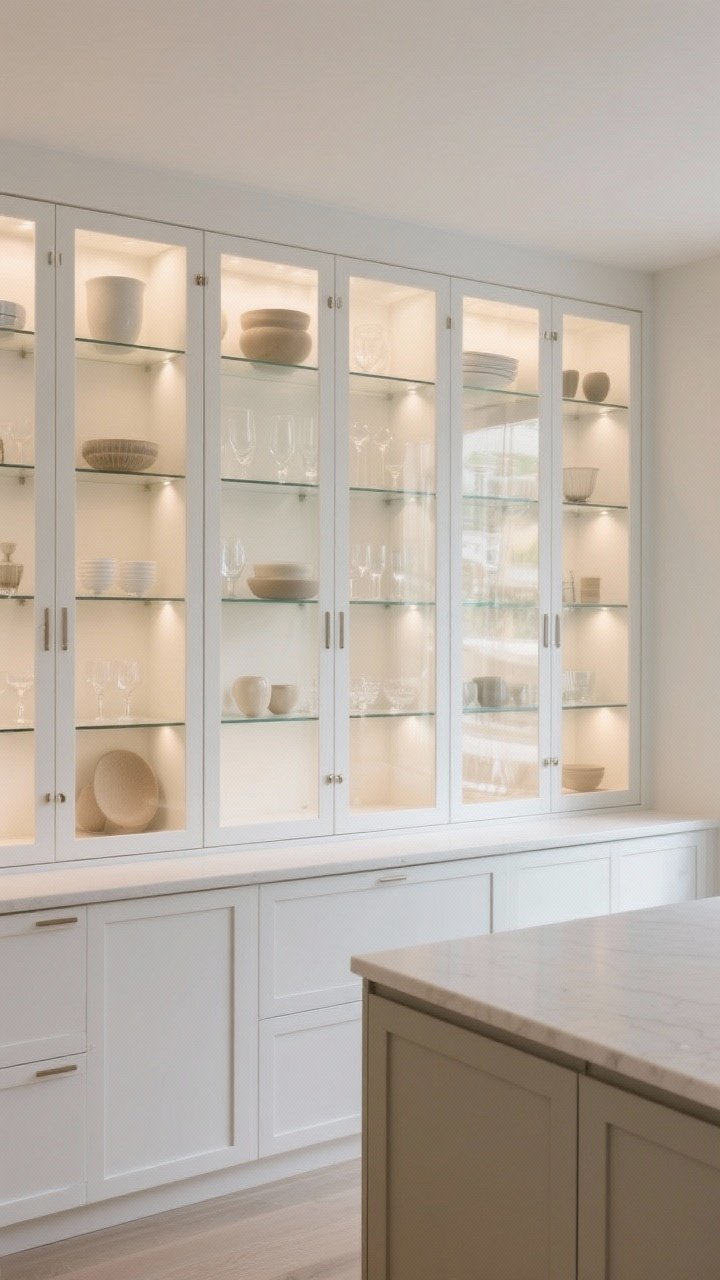 Wide shot: Wall of white cabinetry with glass-front uppers showcasing neutral, neatly arranged ceramics and glassware; clear glass panes with subtle in-cabinet lighting creating an evening-ready glow; matte white lower cabinets, light counters, and a calm, airy feel; straight-on view emphasizing display and openness.