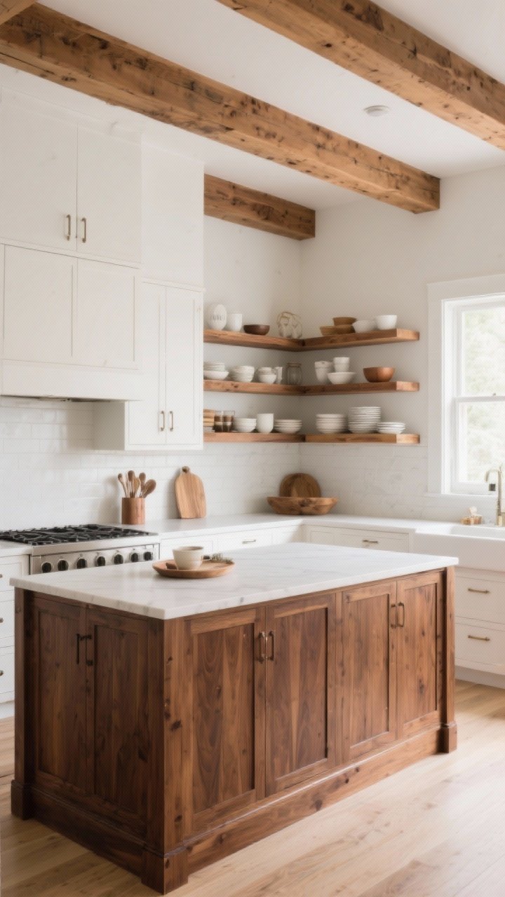 Wide shot: White kitchen warmed with wood accents. A stained walnut island base with furniture-like paneling anchors the room, floating oak shelves display everyday dishes, and subtle ceiling beams add natural texture. The wood tones repeat intentionally, harmonizing with the white cabinetry and walls under soft, warm lighting; photorealistic corner angle.