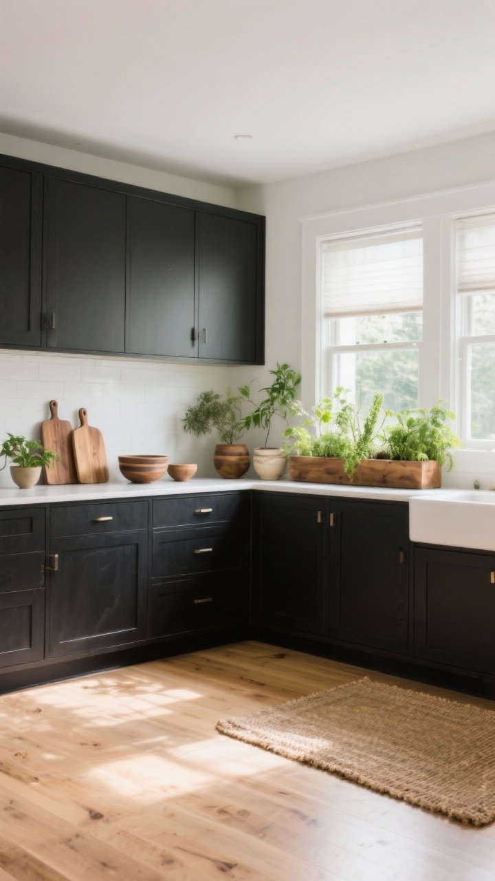 Wide shot with natural elements: dark cabinets grounded by light wood floors that reflect brightness, warm white walls (not stark), abundant plants including an herb trough by a sunny window, wood cutting boards and ceramic bowls displayed for organic contrast; windows minimally covered or with sheer shades to invite natural light; if a darker floor appears, include a natural fiber rug to balance; photorealistic.