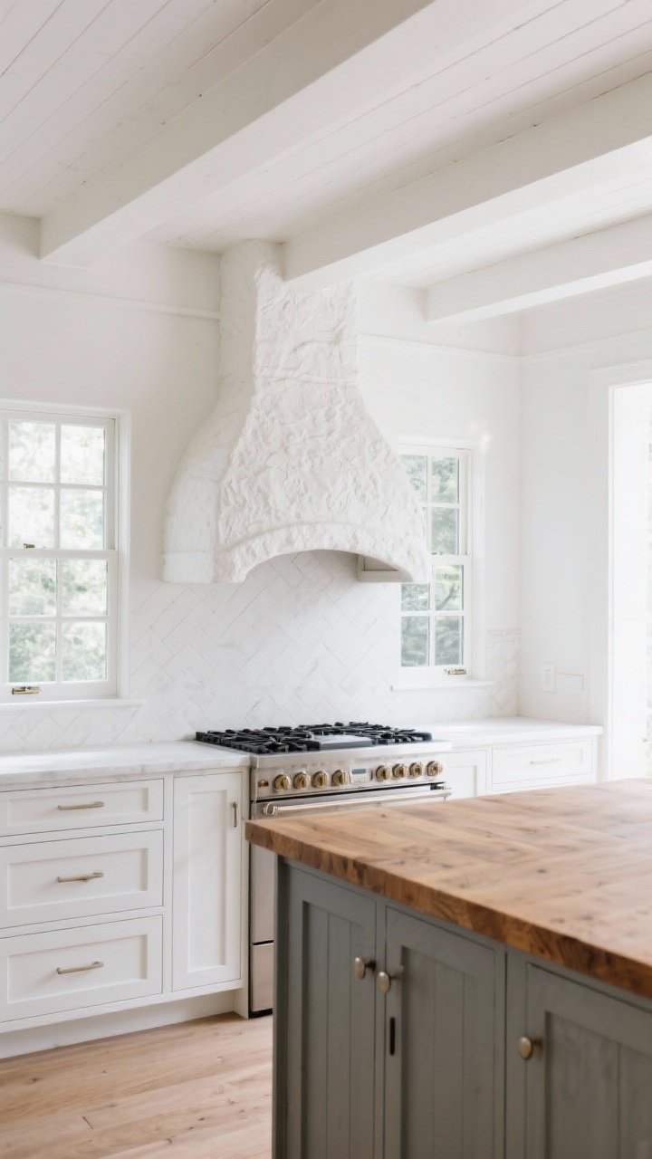 Wide, straight-on hero shot embracing a feature moment in a white kitchen: an arched plaster range hood with subtle texture as the focal point, supported by a restrained palette of white cabinetry and light stone; optional supporting elements: a statement island in warm wood with a waterfall edge or smoky gray paint, and grid windows adding architectural interest; ceiling treatment with whitewashed beams subtly visible; balanced daylight, crisp realism.