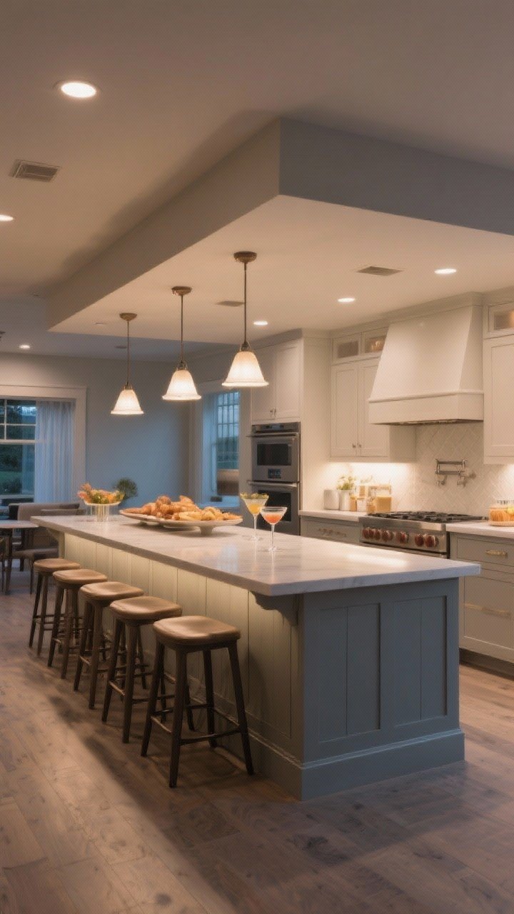 Wide straight-on shot — A breakfast-to-cocktail peninsula framing the kitchen. Extended counter overhang at about 12–15 inches for comfortable knees, with counter stools that tuck fully under for clean lines and better traffic flow. Portray it as a natural buffet line with seamless counters unifying the space. Lighting on a dimmer, set to a soft evening glow so the peninsula subtly shines while the kitchen beyond is calmer.