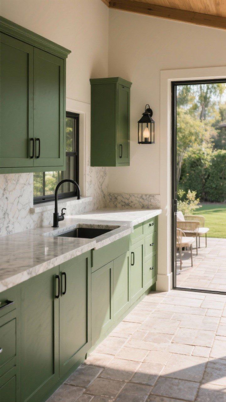 Wide straight-on shot highlighting outdoor-ready surfaces: quartz or sintered stone counters inside and on a connected outdoor ledge, non-slip porcelain pavers continuing from kitchen to patio, matte deep-green cabinet fronts with fingerprint resistance, and neatly finished micro-sealed grout; color story of greens + warm neutrals + natural textures with black accents on cabinet pulls, lantern frames, and window trim; midday natural light; photorealistic.