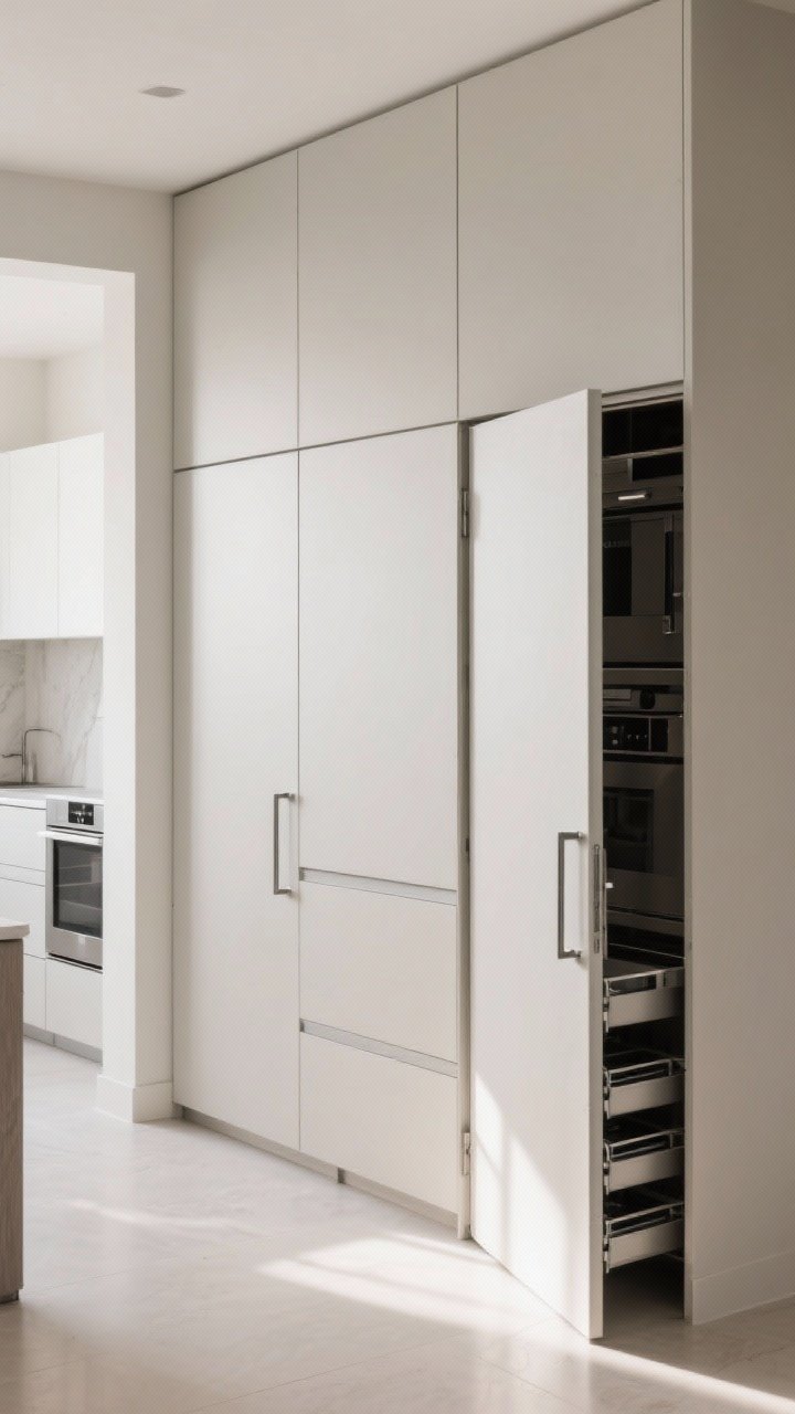 Wide, straight-on shot of a clean, modern kitchen anchored by a floor-to-ceiling pantry wall: tall flat-panel doors with slim oversized hardware in brushed metal, mixed interior depths implied by door proportions; adjacent walls left open (no uppers) for an airy feel; hints of integrated appliances behind doors; pull-out storage suggested by one door slightly ajar; neutral palette, crisp daylight