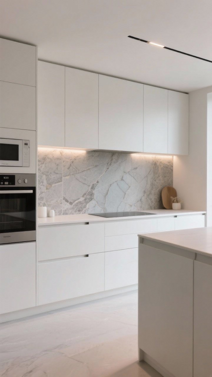 Wide, straight-on shot of a modern kitchen showcasing slab-front, flat-panel cabinets in matte white with handleless push-latch doors, paired with a full-height stone slab backsplash and matching countertop; ultra-clean lines, integrated appliances, under-cabinet soft natural lighting, minimal decor, calm and current mood with no visible hardware, photorealistic