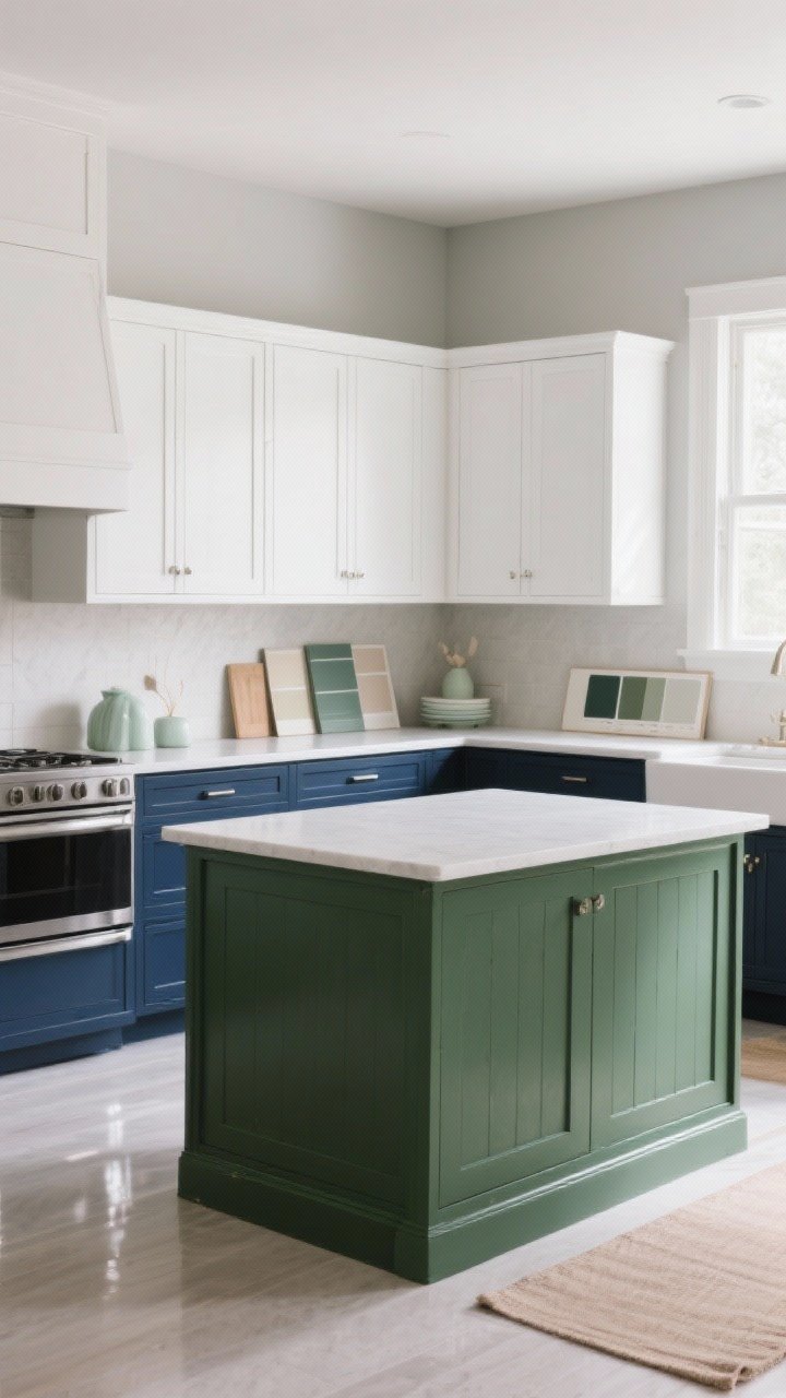 Wide, straight-on shot of a modern kitchen showcasing painted cabinets: lower cabinets in inky navy and upper cabinets in Pure White, satin finish for wipeable sheen; island in forest green as an accent. Include greige walls, pale sage accessories, and a soft mushroom-toned runner. Show subtle surface reflections, sample paint boards on the counter, and semi-gloss trim. Daylight from a window creates soft shadows; no people, photorealistic.