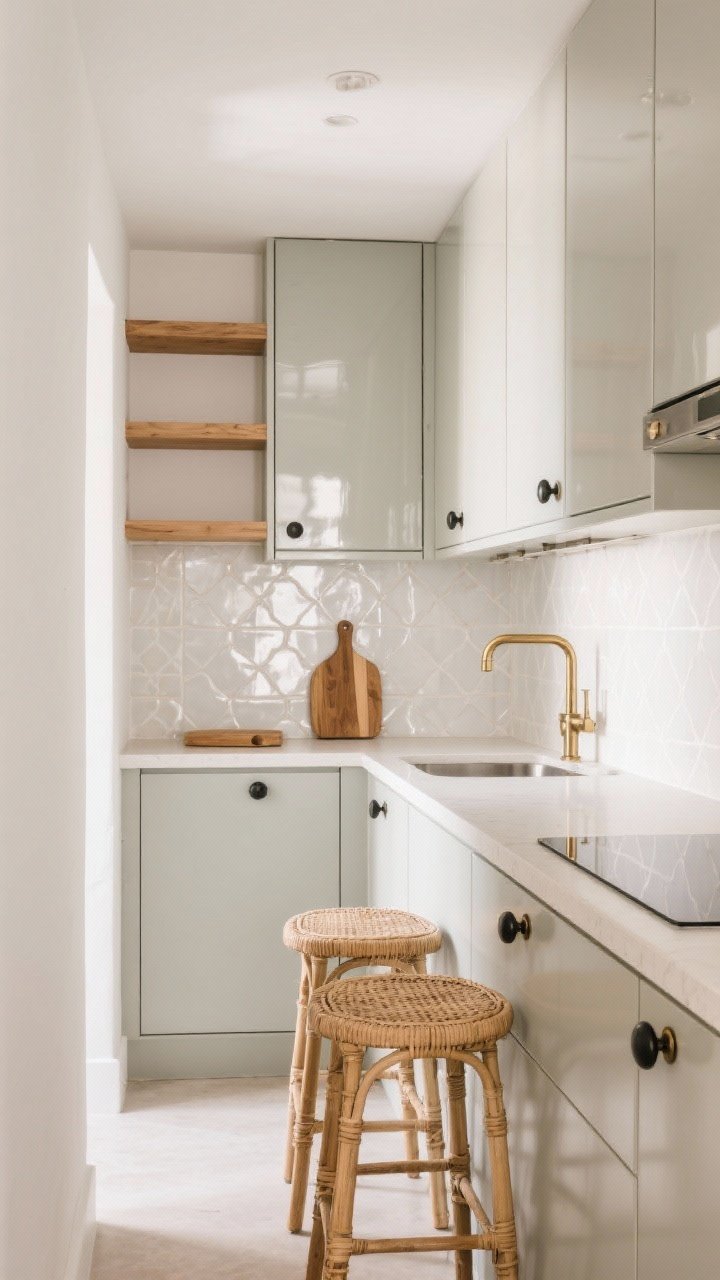 Wide straight-on view of a compact kitchen in layered light neutrals: pale greige base cabinets, warm light oak accents (open shelf and cutting boards), cane-textured stools at a slim counter, mixed metals with brushed brass pulls and a few matte black knobs, a zellige-style glossy off-white tile backsplash that reflects light, and glossy upper cabinet doors for extra sheen; calm, bright ambiance with diffuse daylight; avoid stark all-white feel.