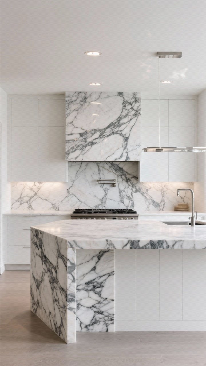 Wide, straight-on view of a minimalist kitchen where statement stone steals the scene: a dramatic bold-veined marble waterfall island with a thick 2–3 inch mitered edge, matched with a full-height slab backsplash behind the range. Keep surrounding cabinetry simple and quiet in matte white, with honed stone surfaces that softly diffuse light. Subtle recessed lighting overhead, reflective glints on polished metal accents kept minimal so the stone is the main character.