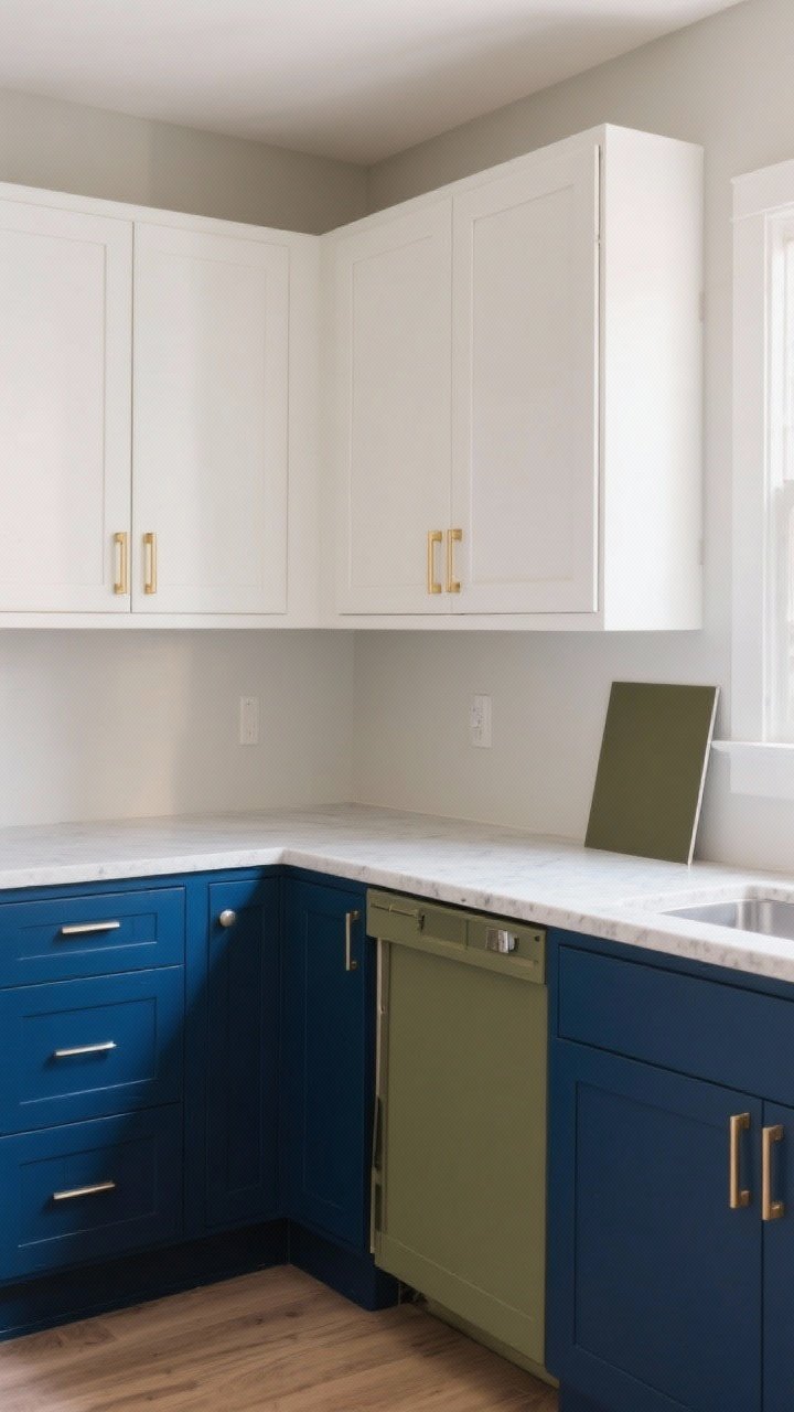 Wide, straight-on view of a modern kitchen with color-blocked cabinets: lower cabinets painted deep ink blue with matching toe kick, upper cabinets in warm white, brass hardware on all doors and drawers. Natural morning light, subtle greige wall paint, light quartz counters. Include a hint of olive or charcoal color option via a sample door leaning on the counter. Rental-friendly peel-and-stick vinyl shown on one lower cabinet door slightly ajar to imply application. Boutique, high-contrast look; no people.