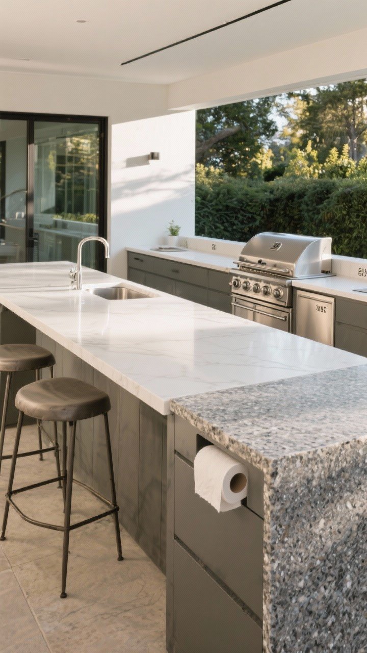 Wide straight-on view of a modern outdoor kitchen showcasing expansive counter space: 48 inches of uninterrupted porcelain-slab prep surface on one side and a 16-inch landing zone beside a stainless grill and sink; durable sealed granite accent section, undercounter paper-towel pull-out ajar, and a counter-height bar with two stools; late afternoon natural light, balanced composition emphasizing clean, practical work zones