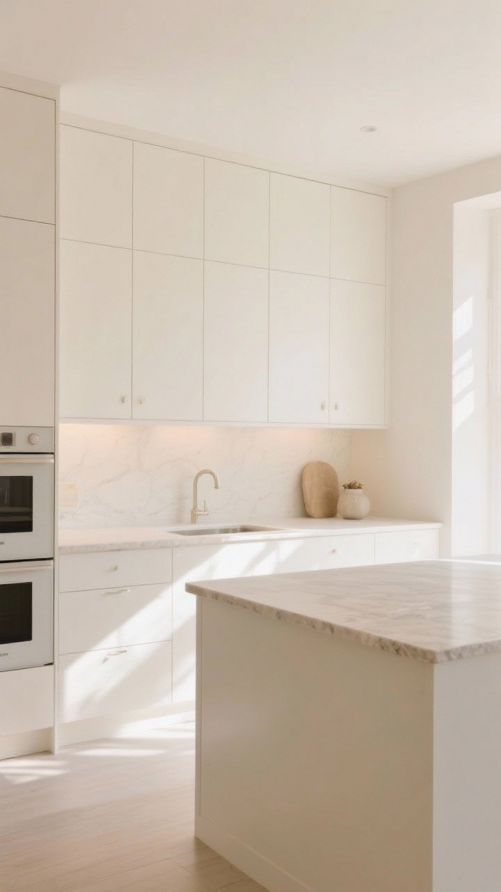 Wide, straight-on view of a white kitchen showcasing creamier paint tones: cabinets in a soft warm white, walls in a slightly warmer creamy white for layered whites effect. Natural daylight at midday and a hint of warm ambient light to avoid a harsh gallery feel. Subtle contrast between cabinet and wall whites, honed light stone counters, minimal decor. Calm, welcoming mood, no people.