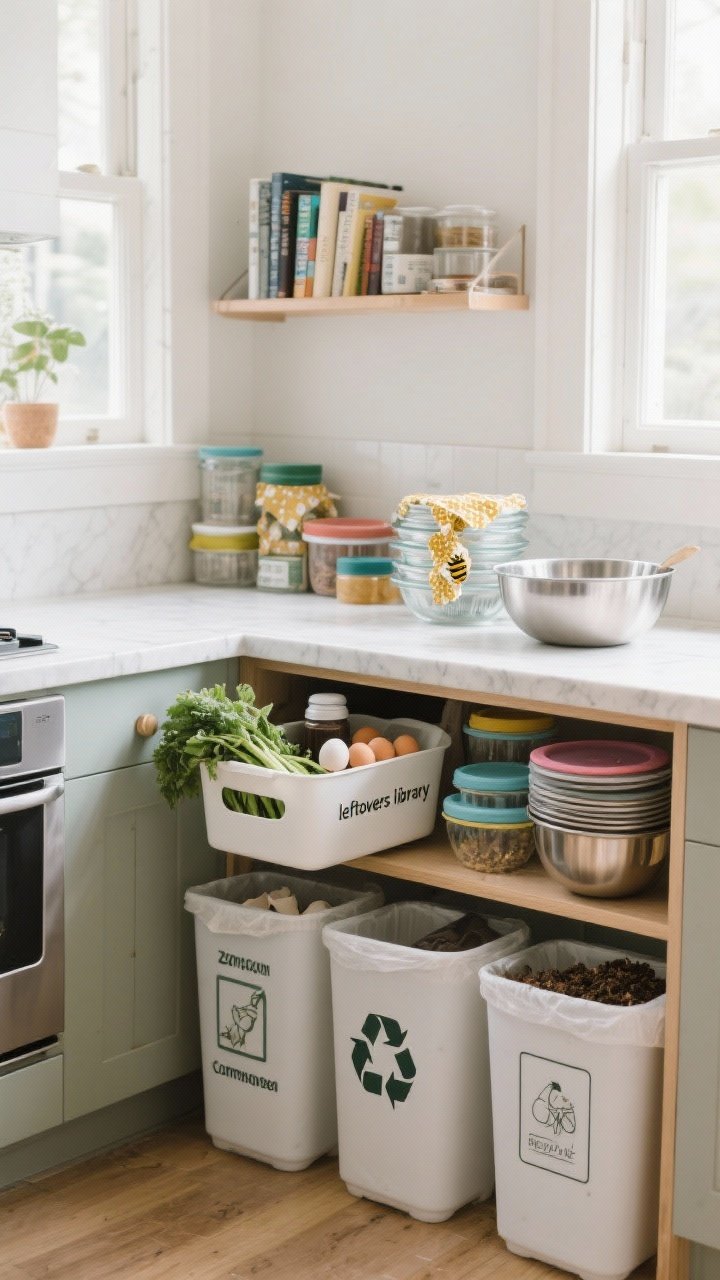 Wide, straight-on view of a zero-waste kitchen prep station: labeled bins for compost, recycling, and reusables tucked under a counter; a countertop compost caddy open with veggie scraps, coffee grounds, and eggshells; stacks of glass and stainless-steel mixing bowls with silicone lids and beeswax wraps instead of cling film; a small “leftovers library” shelf with mismatched reusable containers; soft, bright natural light for a clean, organized feel.