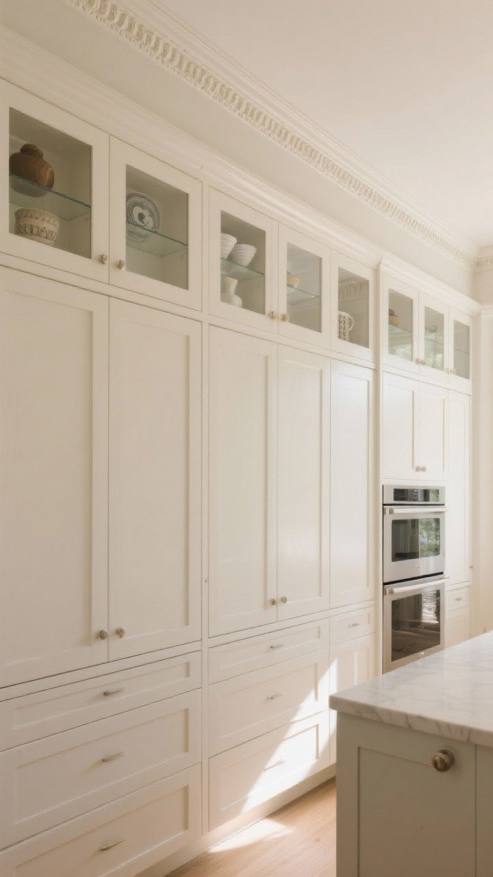 Wide, straight-on view of full-height kitchen cabinetry that reaches the ceiling, finished with crown molding; include stacked uppers with glass fronts near the ceiling displaying a few curated items, and a clean finished soffit transition; no dusty gap above cabinets; soft morning light, neutral warm white cabinets with subtle shadow lines, light texture on crown to emphasize a polished top line.