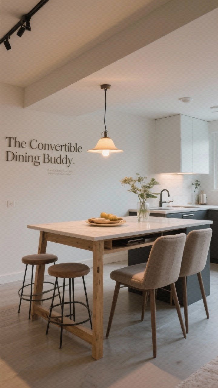 Wide straight-on view: “The Convertible Dining Buddy”—an island that doubles as a dining table with a leggy or trestle base for an airy feel, counter-height surface at 36 inches, slide-in stools by day and two upholstered chairs pulled up at night; maintain knee clearance of 26 inches high and 18 inches deep under the overhang; pendant lighting on a dimmer casting a warm evening mood while still task-capable; uncluttered, studio-apartment vibe.