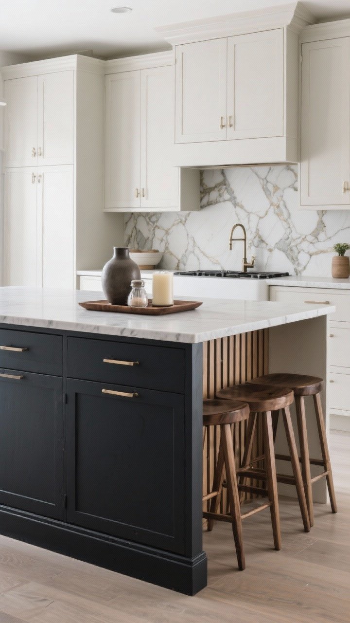 Wide, styled shot of a cohesive statement island: deep painted island base in a rich charcoal contrasting with light perimeter cabinets, mitered-edge waterfall countertop aligning with a modern aesthetic, finished back panel on stool side featuring vertical slatted wood for protection; oversized pulls or integrated finger rails for a custom feel; stone veining repeated on a small backsplash accent elsewhere; soft daylight, polished yet lived-in vignette tray with vase, salt cellar, and candle