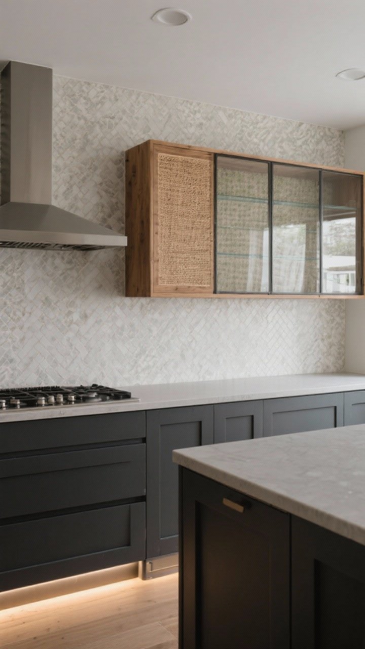 Wide-to-medium composite scene focusing on background surfaces: a range wall where the backsplash tile runs to the ceiling forming a focal wall; adjacent counter area with a sleek slab backsplash (laminate or thin quartz lookalike, matte). Inside a nearby glass-front cabinet, the inside-back panel features a wood-look or cane-textured insert, with sealed grasscloth wallpaper in another bay. Toe kicks wrapped in matching paneling with a dark paint accent and a subtle LED toe-kick light glow for nighttime navigation.