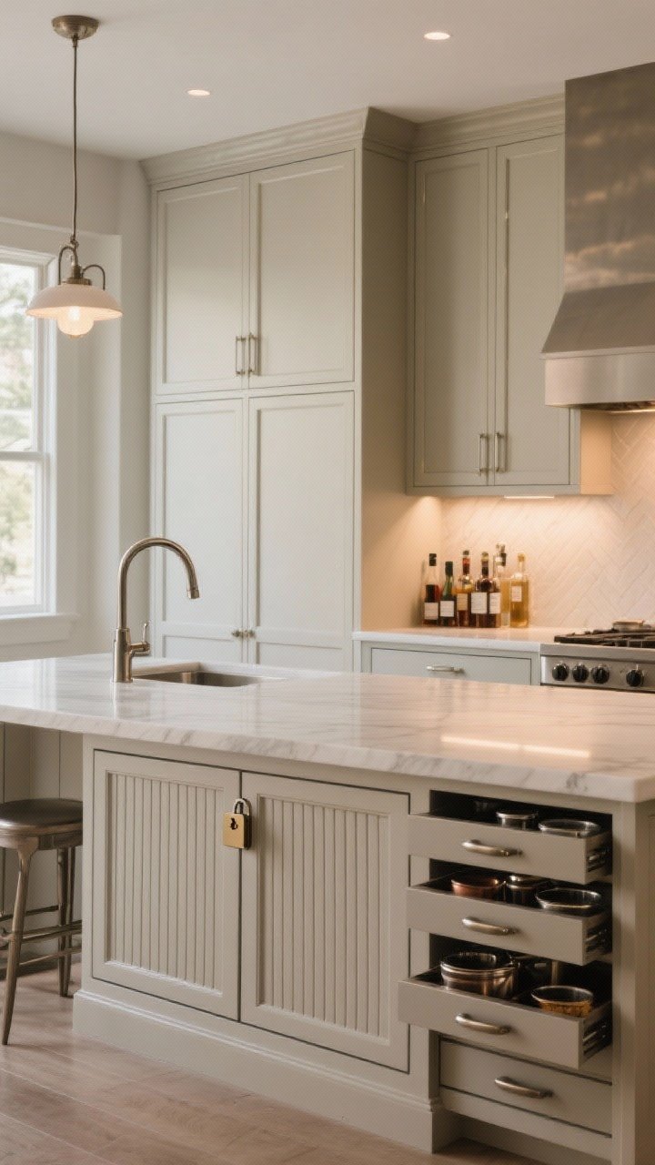 Wide two-sided view of an island showing dual-facing storage: guest side with elegant closed panels, fluted detailing, and minimal matching hardware for a furniture-like look; cook’s side with practical drawers for cookware and spices; cohesive metal finishes that echo faucet/lighting; sophisticated ambiance with warm ambient lighting and balanced natural daylight; optional discreet lock visible on a guest-side cabinet for barware